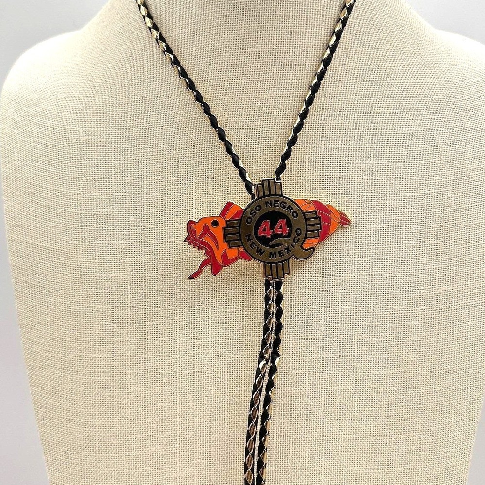 Vintage Y2K Oso Negro New Mexico 44 Zia Sun Bolo Tie Gold Tone Black Leather 90s